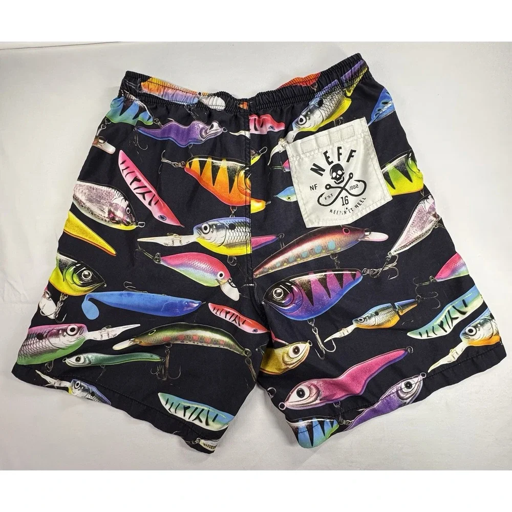 Neff Men's XL Swim Shorts Black/Multicolor Fish Print Drawstring Pockets